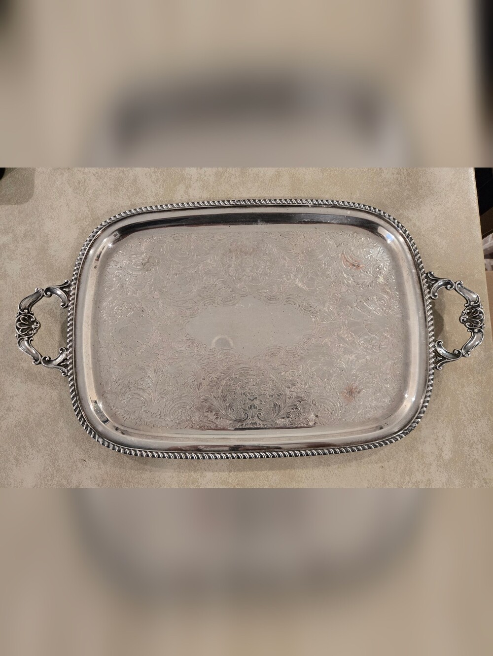 Ornate Silver-Plated Serving Tray, Handles Not Engraved